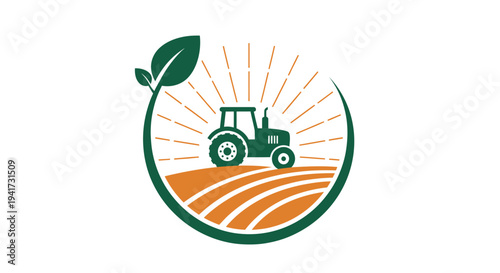 Green Tractor Working on a Farm Field with Sunrise.