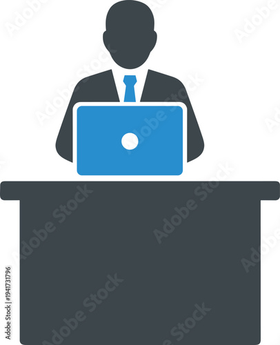 Business professional working on laptop at desk icon, office employee using computer for online work, corporate job, remote work vector illustration