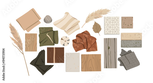 A diverse collection of natural material samples including wood, fabric, stone, and decorative tiles is meticulously arranged in a flat lay composition.