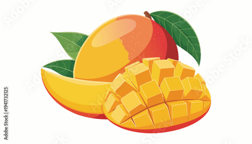 Sweet golden mango fruit whole slice and cube pieces appetizing tropical produce concept bright colorful food