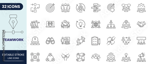 Teamwork icon set in outline style. Modern icon collection. Editable stroke. Full vector collection.