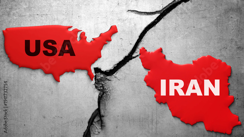 Illustration featuring red maps of the USA and Iran separated by a deep crack on a textured concrete background, symbolizing political conflict, broken diplomatic relations, and international tensions