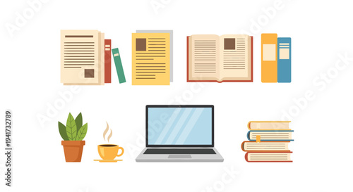 A neatly organized flat lay displays various study and work items, including documents, books, a laptop, a plant, and a coffee cup.