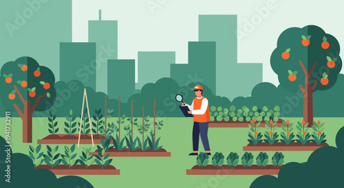 Farmer Tending Urban Garden.