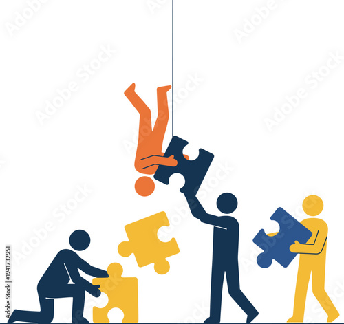 Teamwork puzzle concept with business people assembling jigsaw pieces and rescuing falling colleague, collaboration, problem solving, support, partnership, leadership flat vector illustration