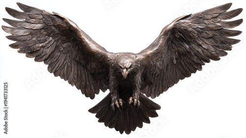 Flying eagle bronze sculpture, wings fully spread in mid-flight, isolated on pure white background 