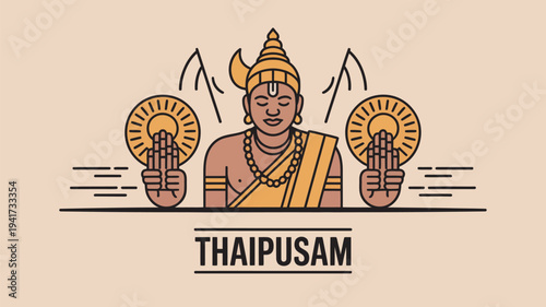 A vibrant illustration of a Hindu deity celebrating Thaipusam with traditional attire and symbolic hand gestures.