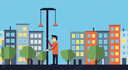 Man Maintaining Street Lamp.