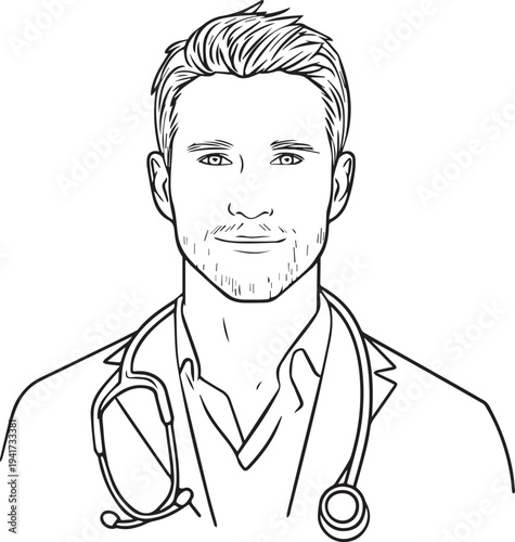 Hand Drawn Man as Nurse Black and White Avatar Illustration in Minimal Line Art Style Design