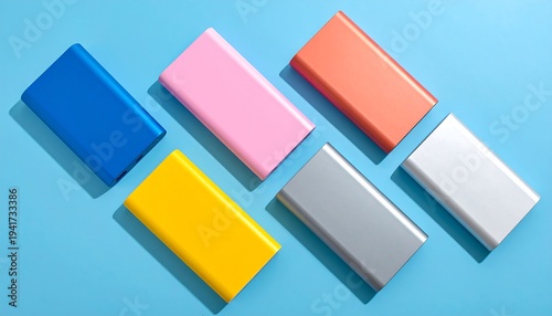 Rectangular blocks of colors are arranged diagonally on a light blue surface with strong lighting and sharp shadows