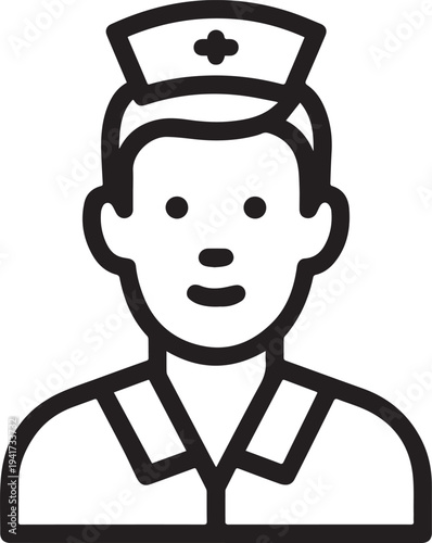 Hand Drawn Man as Nurse Black and White Avatar Illustration in Minimal Line Art Style Design
