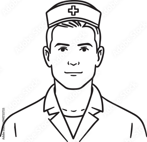 Hand Drawn Man as Nurse Black and White Avatar Illustration in Minimal Line Art Style Design