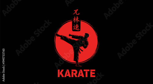 Karate fighter performing a dynamic kick in a circular emblem.