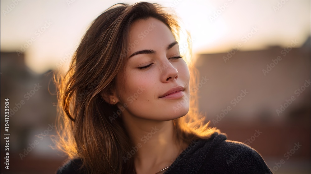Obraz premium A serene young woman with her eyes closed bathed in the warm golden light of sunset embodying a moment of peace and contemplation