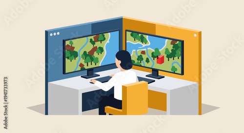 Person Working Dual Monitors.