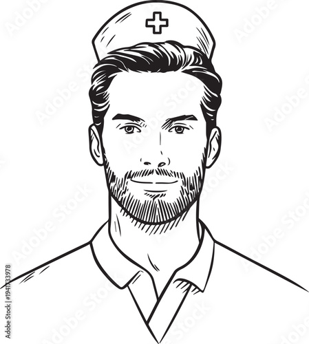 Hand Drawn Man as Nurse Black and White Avatar Illustration in Minimal Line Art Style Design