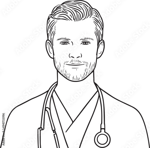 Hand Drawn Man as Nurse Black and White Avatar Illustration in Minimal Line Art Style Design