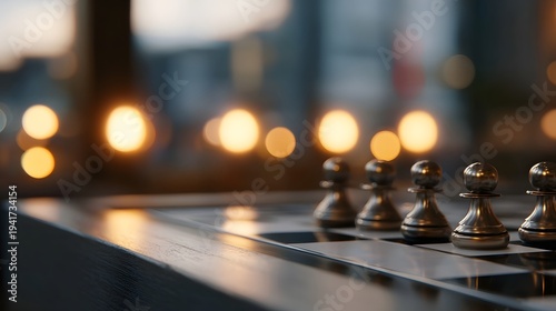 Wallpaper Mural A close up view of silver chess pawns lined up on a wooden board with a soft blurred background of warm lights Torontodigital.ca