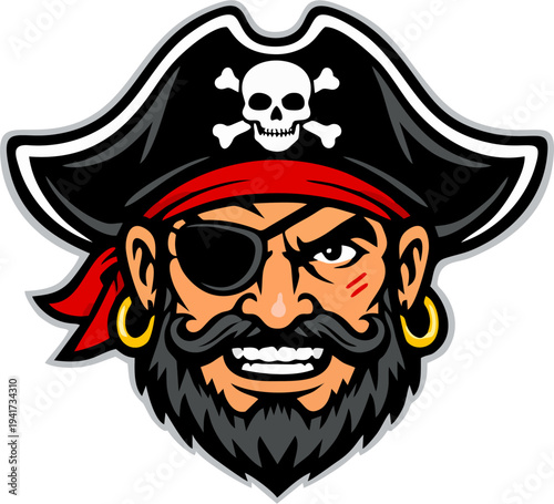 Fierce Pirate Captain Head Mascot Logo with Eye Patch and Skull Hat - Bold Cartoon Vector Illustration for Sports Team and Esports