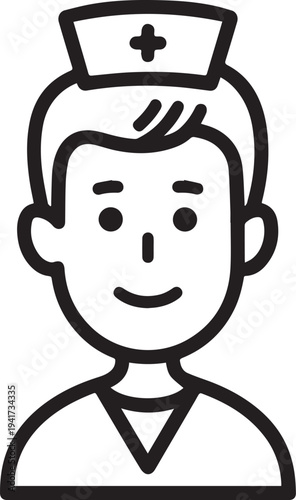 Hand Drawn Man as Nurse Black and White Avatar Illustration in Minimal Line Art Style Design