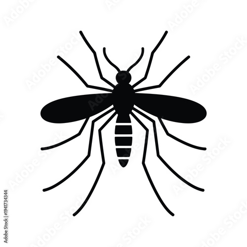 A simple black silhouette of a mosquito with detailed wings and legs