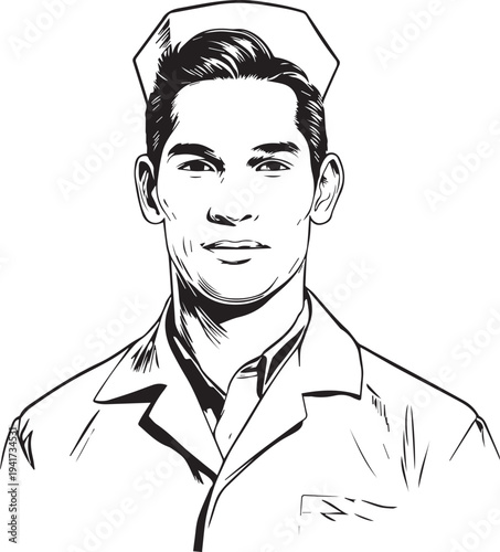 Hand Drawn Man as Nurse Black and White Avatar Illustration in Minimal Line Art Style Design