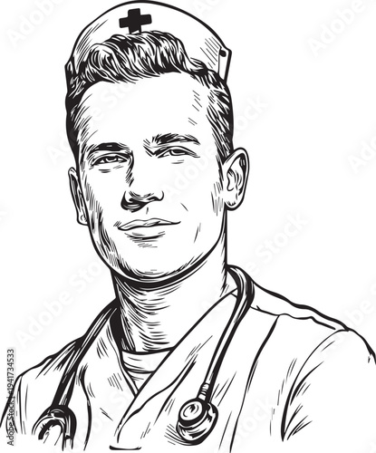 Hand Drawn Man as Nurse Black and White Avatar Illustration in Minimal Line Art Style Design