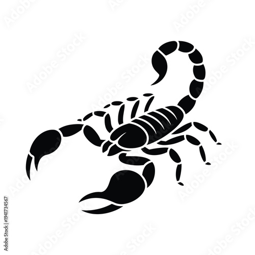 A black and white illustration of a scorpion with a curved tail