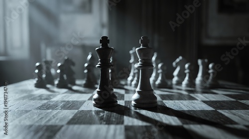 Dramatic chess game unfolds as pieces move strategically on a sunlit board; camera slowly pans, capturing intense focus and shadow play in a cinematic, moody atmosphere.