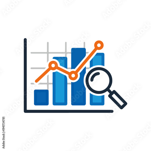 Financial Analysis Icon Blue Bar Graph and Magnifying Glass