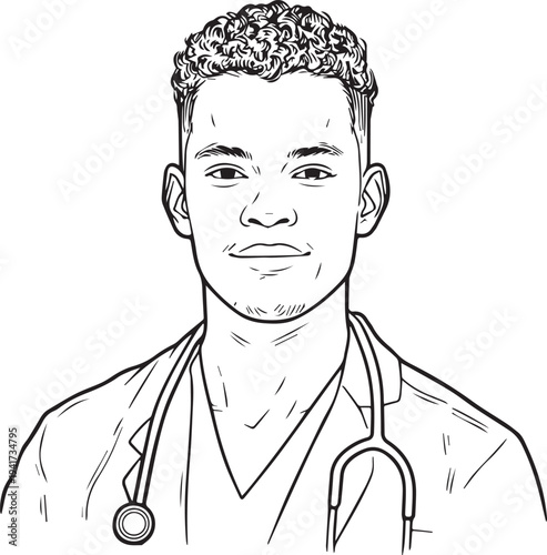 Hand Drawn Man as Nurse Black and White Avatar Illustration in Minimal Line Art Style Design