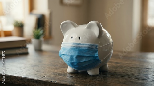 Piggy bank with mask on wooden table, gentle ambient light flickers, slow pan across cozy living room, cinematic style, highlighting financial security and pandemic economy themes.