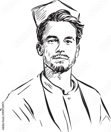 Hand Drawn Man as Nurse Black and White Avatar Illustration in Minimal Line Art Style Design