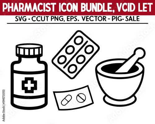 Pharmacist icons including bottle, pills, and mortar