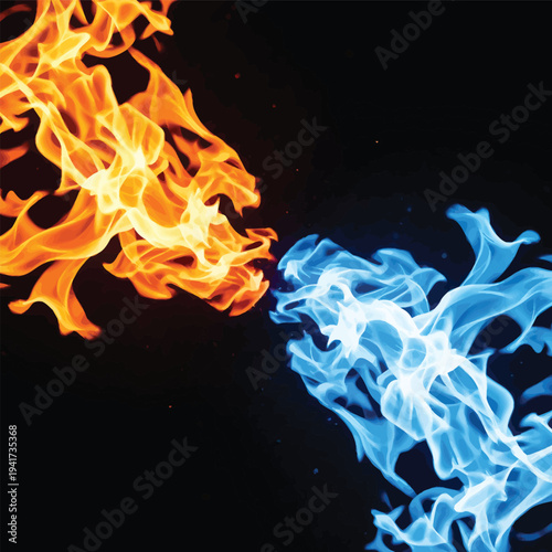 Blue and Orange Flames Burning on Black Background