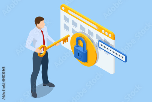 Isometric secure access with businessman using large key to unlock browser password page. Account authorization, protected data entry, credential control, cyber security for website or online service