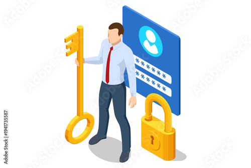 Isometric secure access with businessman using large key to unlock browser password page. Account authorization, protected data entry, credential control, cyber security for website or online service