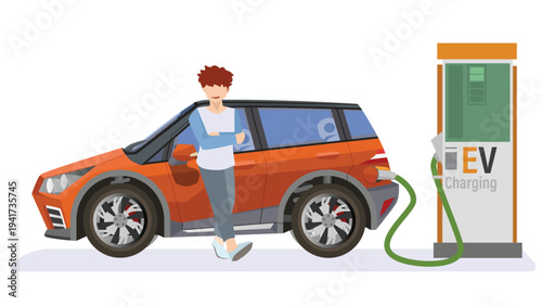 Separate layer of Electric vehicles car orange tone. Charging station comes with a cable and charging head that connects to the rear of car. Driver stood waiting beside the car with a smiling face.