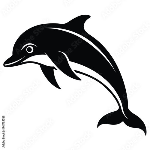A silhouette black and white dolphin on white background