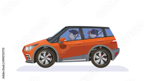 Separate layer of luxury cross over hatchback car orange color. Show inside car. with family to travel. On isolated white background.