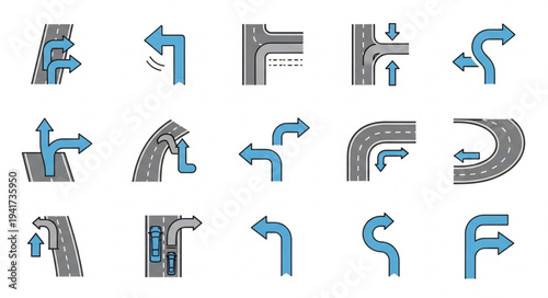 Road Direction Icons - Navigational Symbols for Wayfinding and Guidance.