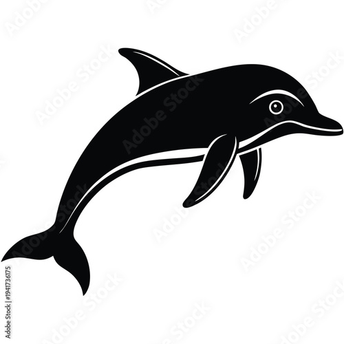 A silhouette black and white dolphin on white background