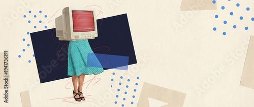 Surreal art collage of a woman with a vintage television head on a creative geometric background.