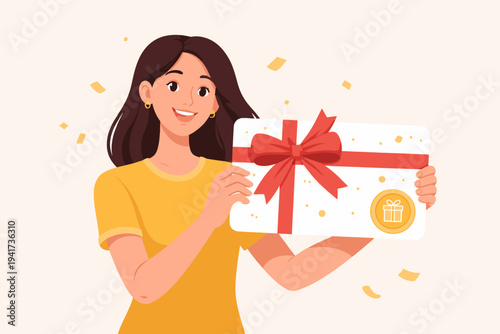 Smiling young woman holding a large gift card with a red bow and ribbon. Flat vector illustration of a female character with a gift voucher, reward certificate, or discount coupon for shopping.