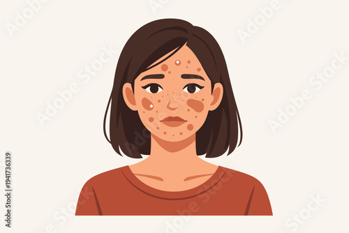 Vector Illustration of a Young Woman with Acne and Skin Imperfections on Her Face, Representing Dermatology Issues, Pimple Breakouts, Skincare Problems, and Hormonal Changes in a Flat Design Style