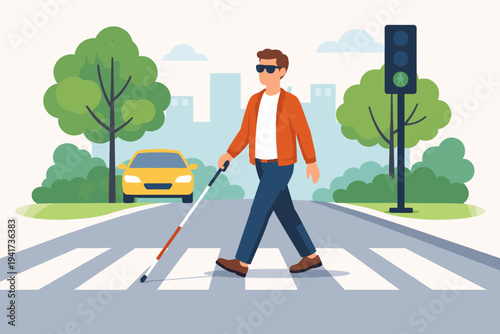Flat vector illustration of a visually impaired man with sunglasses and a white cane crossing a city street at a pedestrian crosswalk with a yellow car and green traffic light in the background.