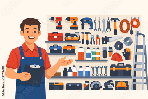 Friendly male salesman in a blue apron holding a clipboard in a hardware store or tool shop with a wall of organized tools like drills, hammers, saws, toolboxes, and safety gear vector illustration