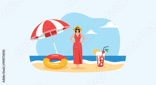 A woman in a red dress and sun hat enjoys her summer vacation on a tropical beach with an umbrella and a cocktail.