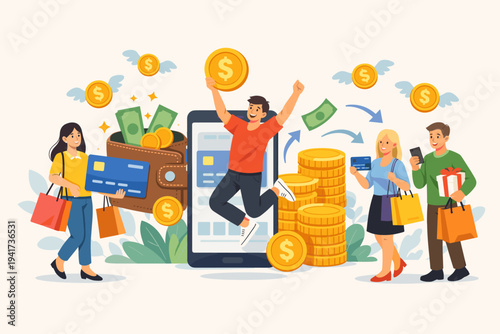 Vector Illustration of People Shopping and Using Credit Cards to Earn Cash Back Bonuses and Rewards with Mobile Wallet App, Stacks of Gold Coins, Banknotes, and Shopping Bags in Flat Design Style