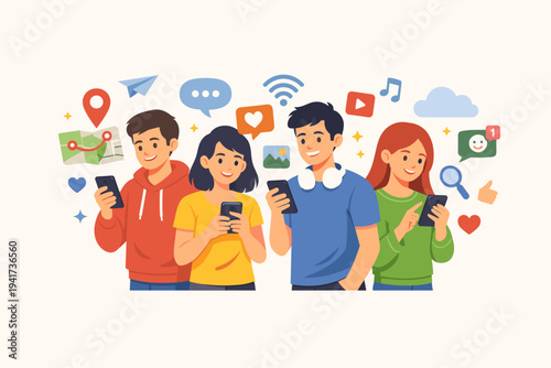 Young People Using Smartphones for Social Media Apps, Sharing Location, Chatting, Browsing Internet and Listening to Music, Group of Friends with Digital Technology Flat Vector Illustration